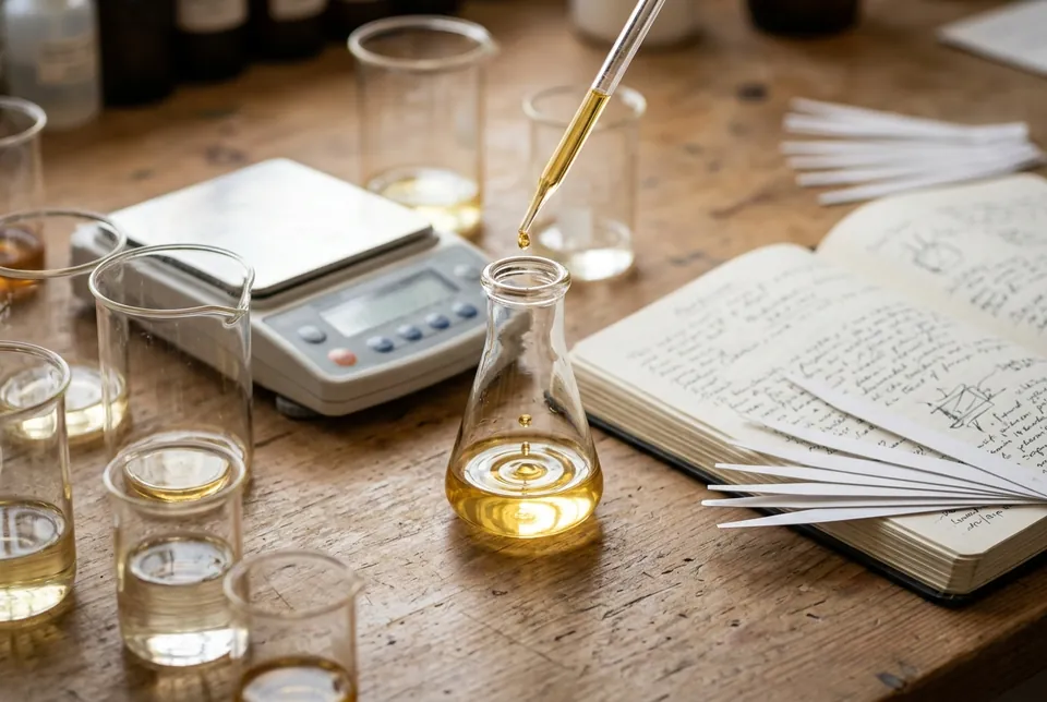 A perfumer’s workbench with beakers, a precision scale, a pipette, a notebook and paper blotters