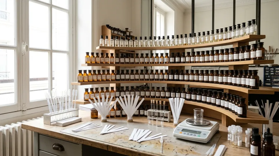 A perfumer’s organ: curved wooden shelves holding hundreds of amber glass bottles in a bright Grasse studio