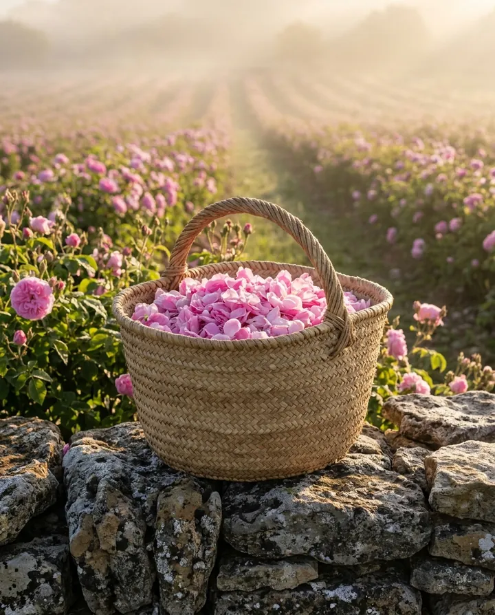 A woven basket of freshly picked pink rose petals on a stone wall beside a misty rose field