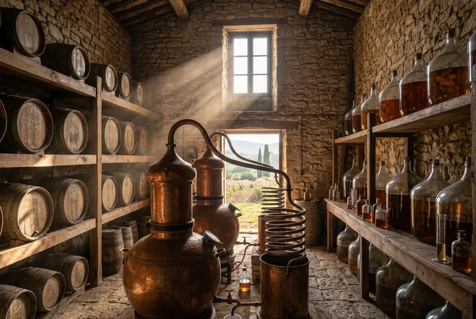 A stone distillery with copper alembic stills, oak barrels and glass demijohns in morning light