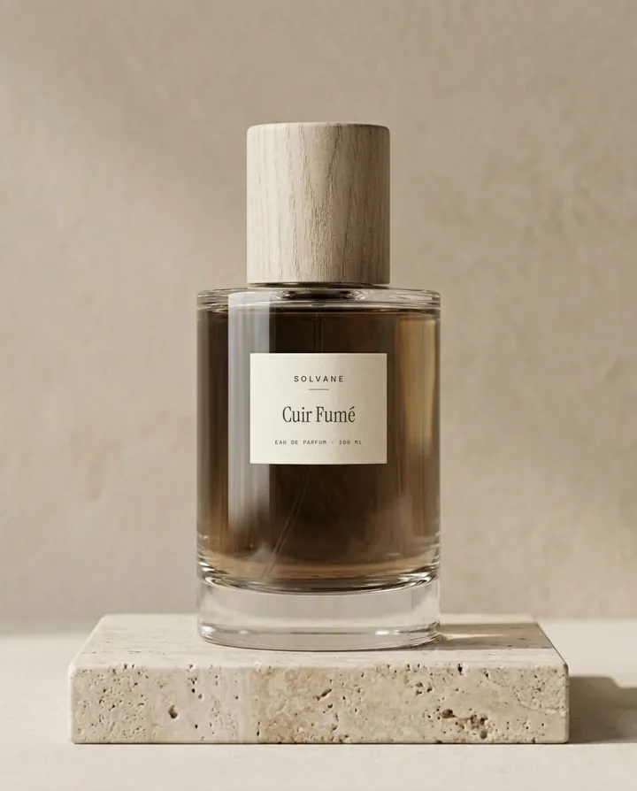Cuir Fumé eau de parfum, 100 ml bottle with a wooden cap on a travertine block