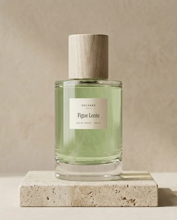 Figue Lente eau de parfum, 100 ml bottle with a wooden cap on a travertine block