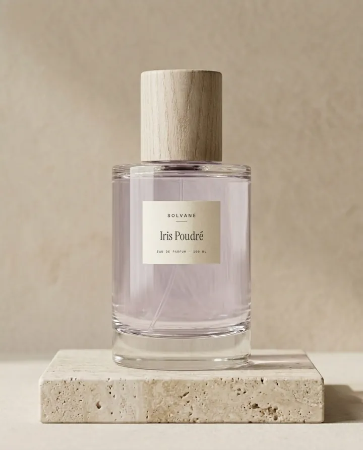 Iris Poudré eau de parfum, 100 ml bottle with a wooden cap on a travertine block