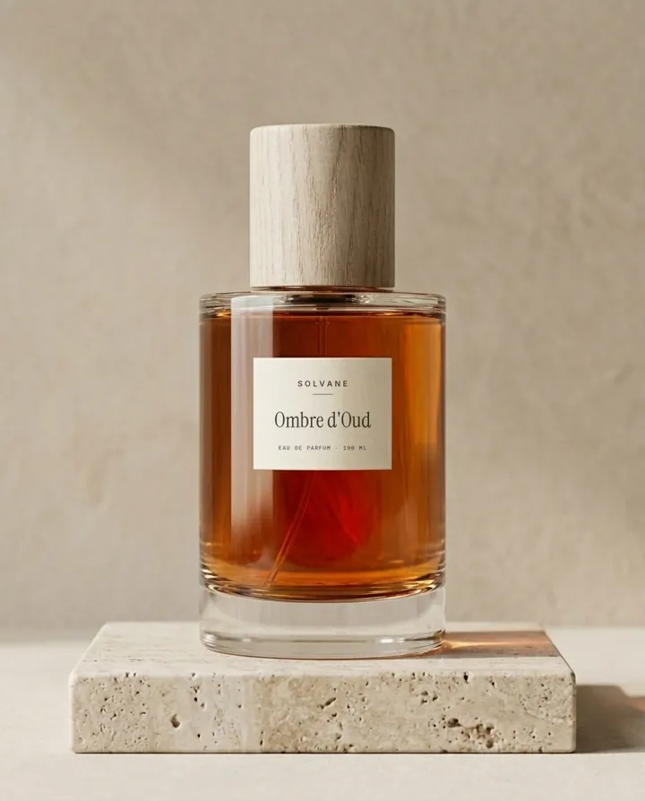 Ombre d’Oud eau de parfum, 100 ml bottle with a wooden cap on a travertine block