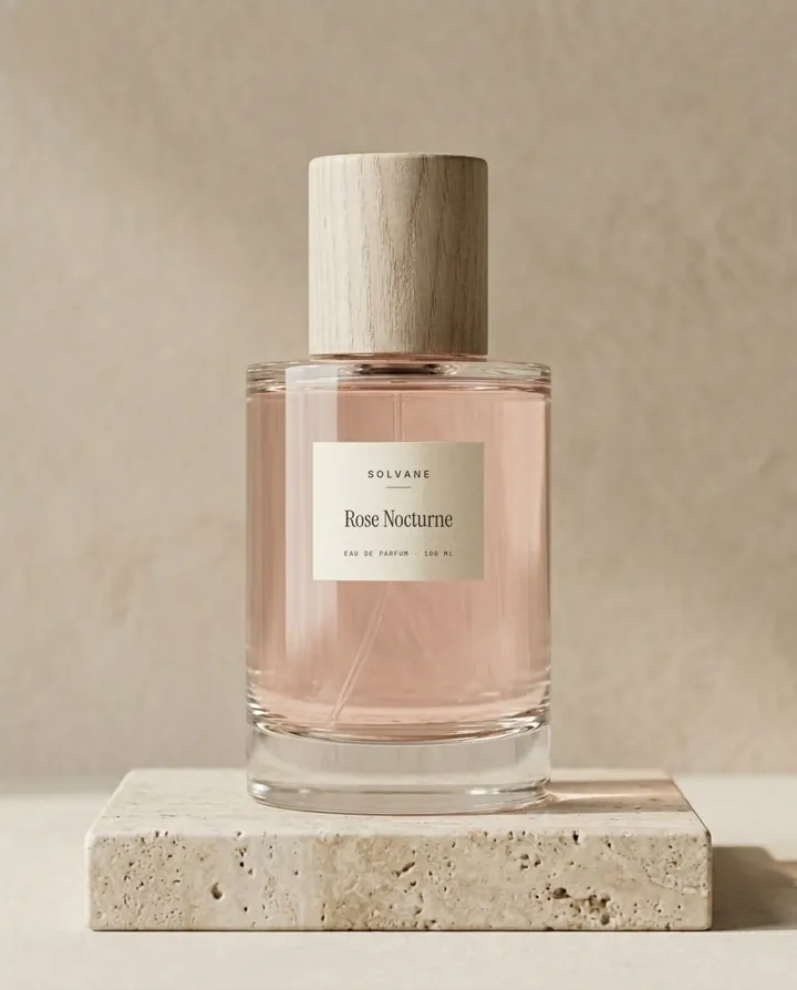 Rose Nocturne eau de parfum, 100 ml bottle with a wooden cap on a travertine block