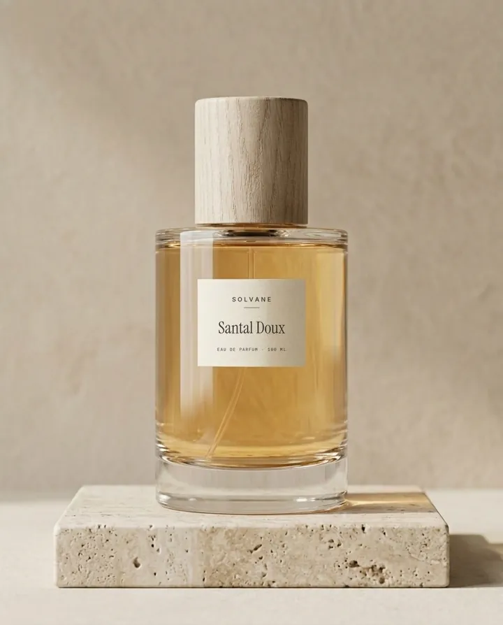Santal Doux eau de parfum, 100 ml bottle with a wooden cap on a travertine block