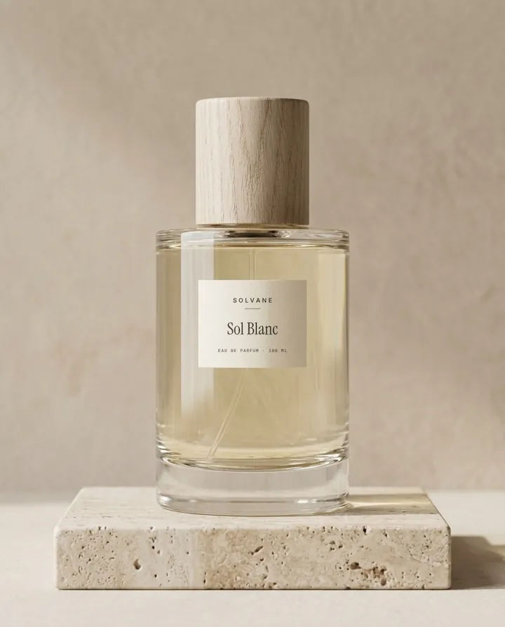Sol Blanc eau de parfum, 100 ml bottle with a wooden cap on a travertine block