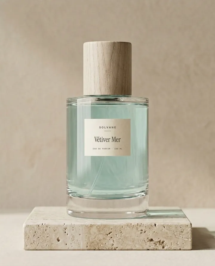 Vétiver Mer eau de parfum, 100 ml bottle with a wooden cap on a travertine block