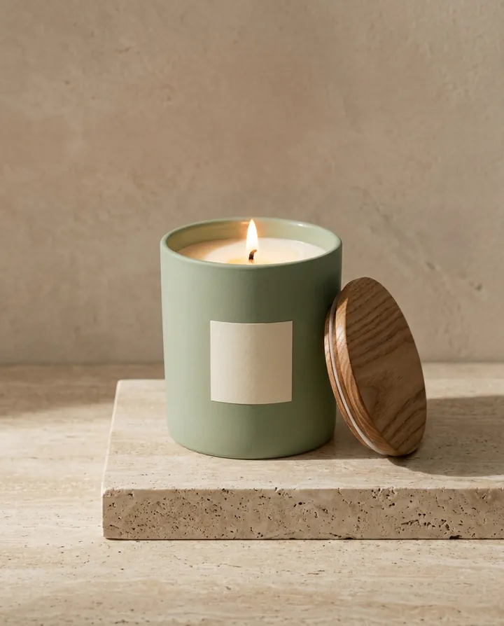 Jardin candle in a sage-green ceramic vessel with an ash-wood lid, lit on travertine