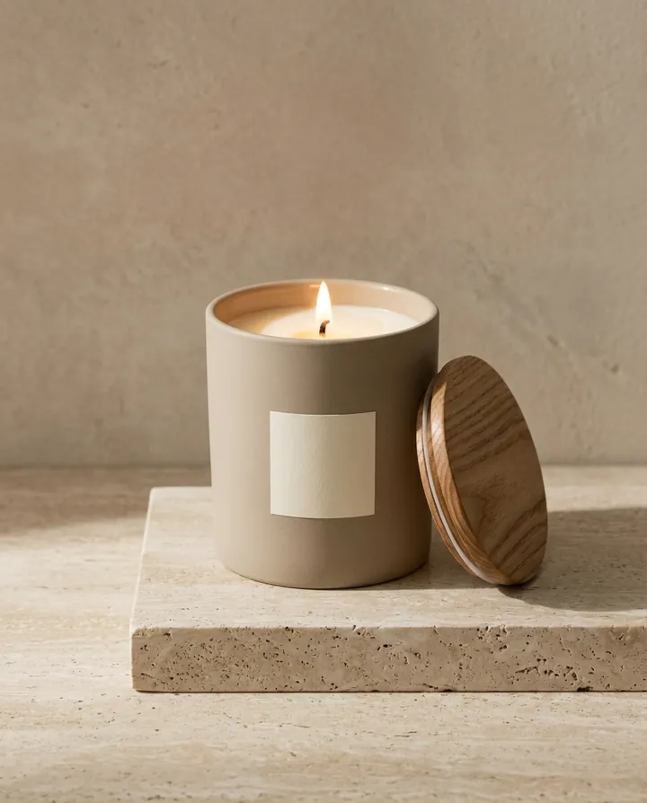 Ombre candle in a stone-coloured ceramic vessel with an ash-wood lid, lit on travertine