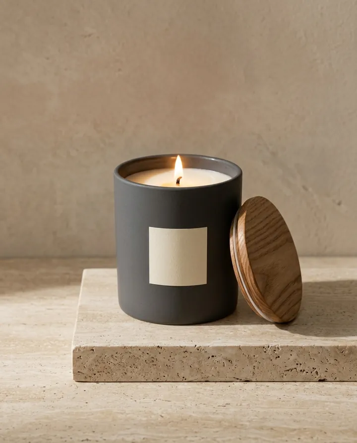 Sel Noir candle in a charcoal ceramic vessel with an ash-wood lid, lit on travertine