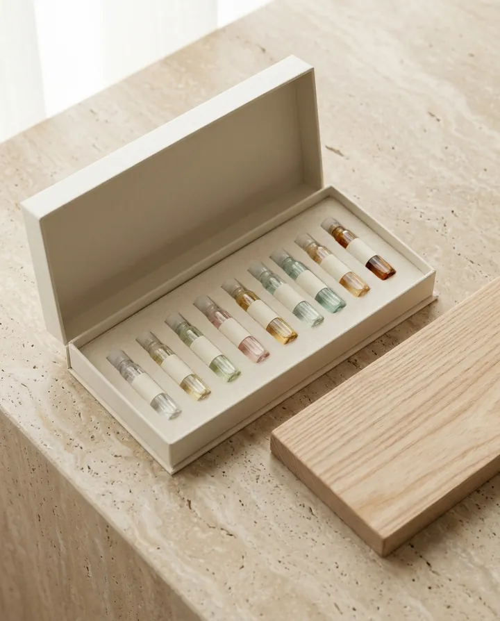 The Solvane Discovery Set: an open linen box holding ten 2 ml perfume vials