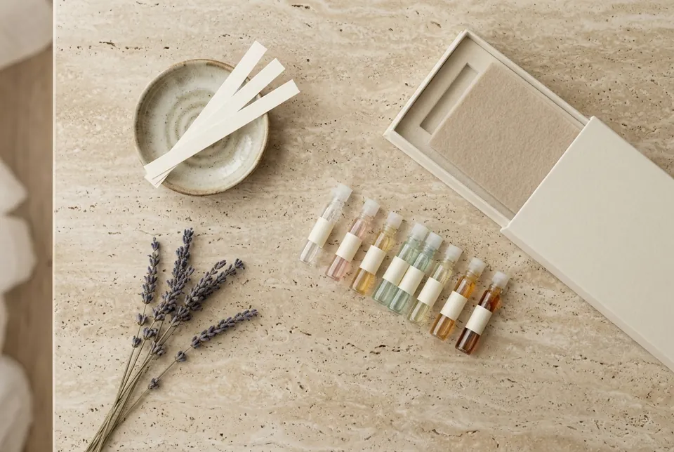 Ten perfume vials laid out on travertine beside blotters, lavender and an open box