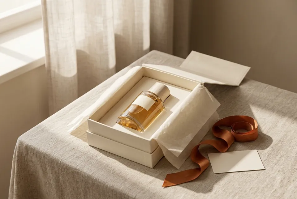 An open cream gift box holding a Solvane bottle, an amber ribbon and a blank card on linen