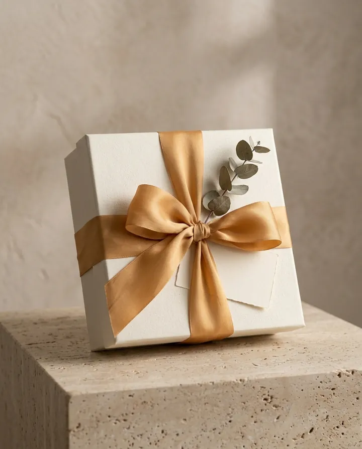 A cream Solvane gift box tied with an amber silk ribbon and a sprig of eucalyptus on a travertine plinth