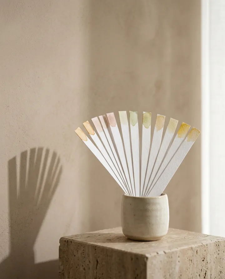 A fan of perfume blotters in a ceramic cup on a travertine plinth, casting a long shadow