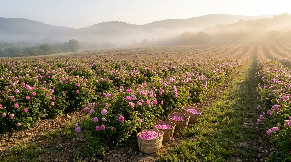Rows of pink May roses in a misty field near Grasse at sunrise, with woven baskets of petals