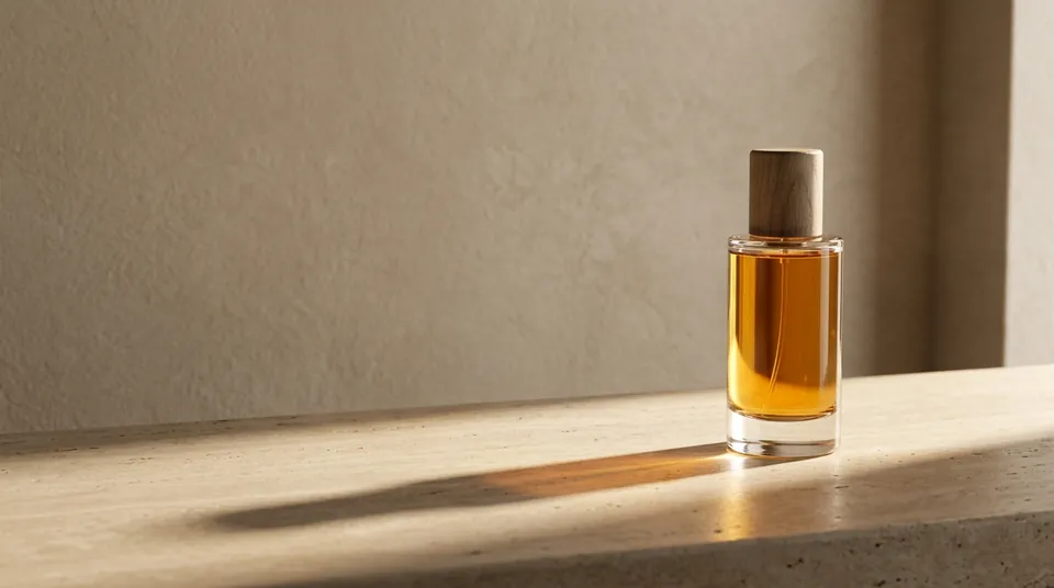 A bottle of Solvane perfume on a stone ledge in a shaft of late-afternoon sunlight