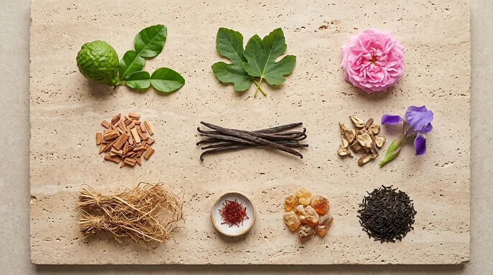 Raw perfume materials laid out on travertine: bergamot, fig leaf, rose, sandalwood, vanilla, iris, vetiver, saffron, resin and black tea