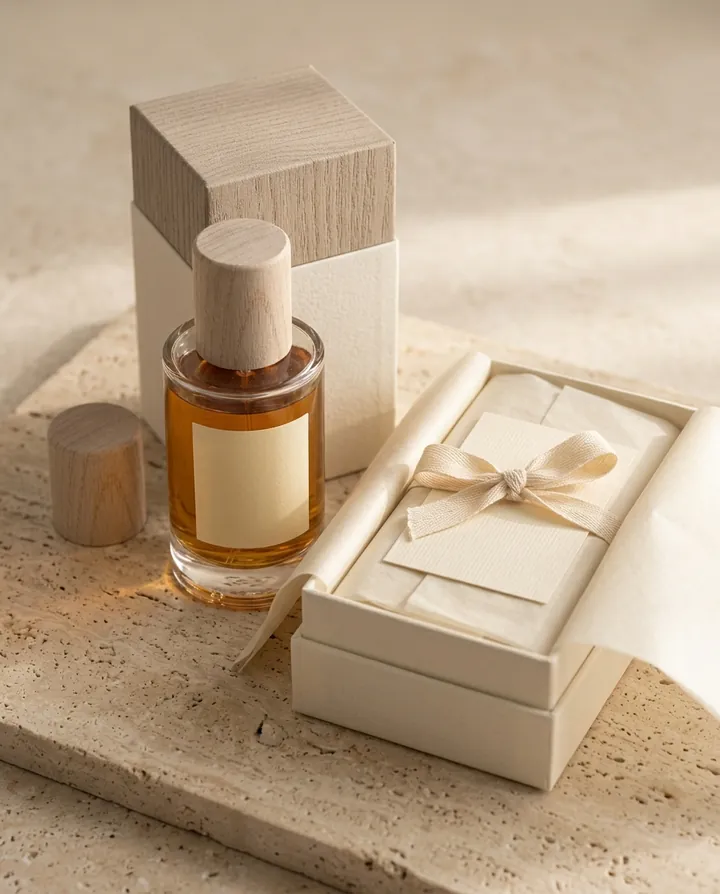 A Solvane bottle beside its cream gift box, wrapped in tissue and tied with a ribbon