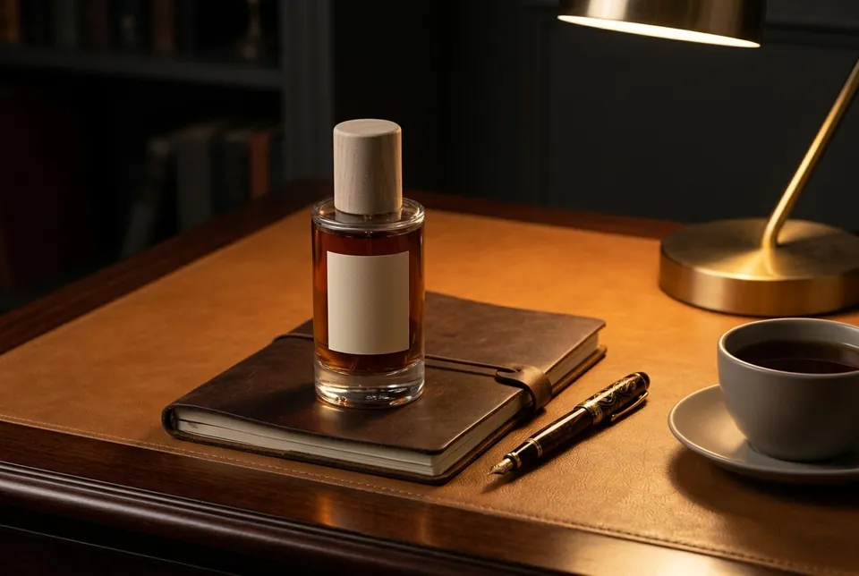 Cuir Fumé on a leather-topped desk beside a notebook, a fountain pen and a cup of black coffee
