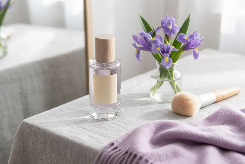 Iris Poudré on a linen-covered table beside a vase of purple irises, a makeup brush and a lilac scarf