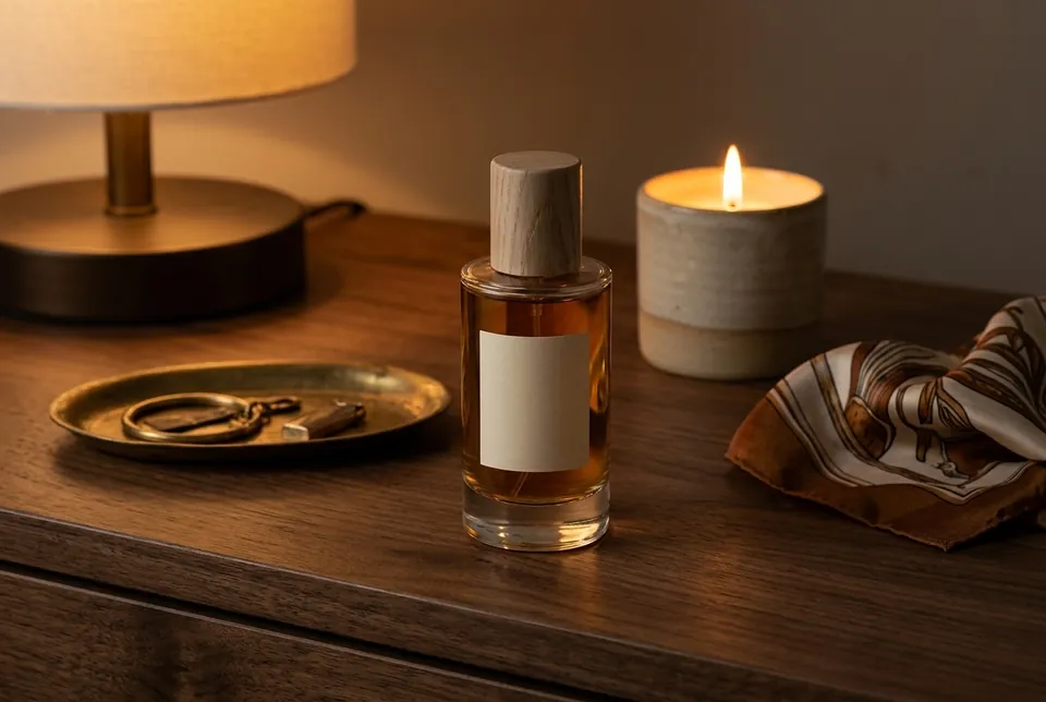 Ombre d’Oud on a dark walnut dresser beside a lit candle, a brass dish and a silk scarf