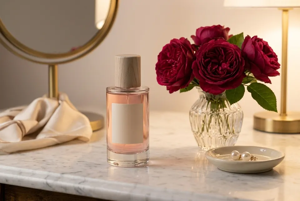 Rose Nocturne on a marble dressing table beside a vase of deep red roses and a round mirror