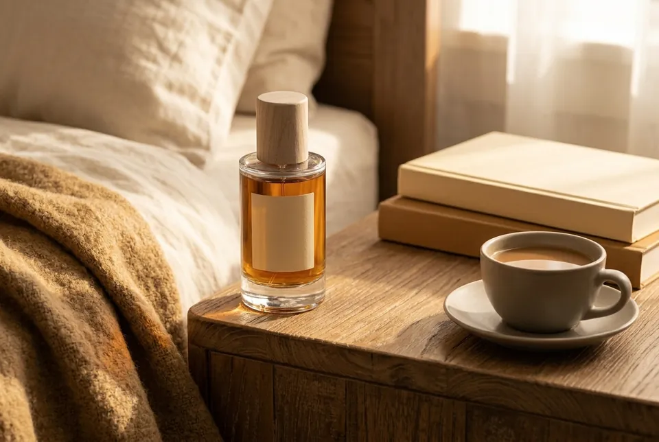 Santal Doux on a wooden bedside table in morning light beside a stack of books and a cup of coffee