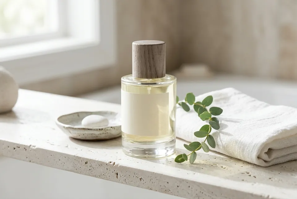 Sol Blanc on a travertine bathroom shelf beside a folded white towel and eucalyptus