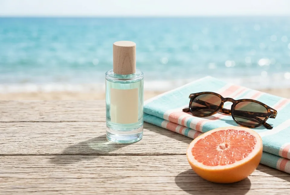 Vétiver Mer on a weathered wooden table by the sea beside a striped towel, sunglasses and half a grapefruit
